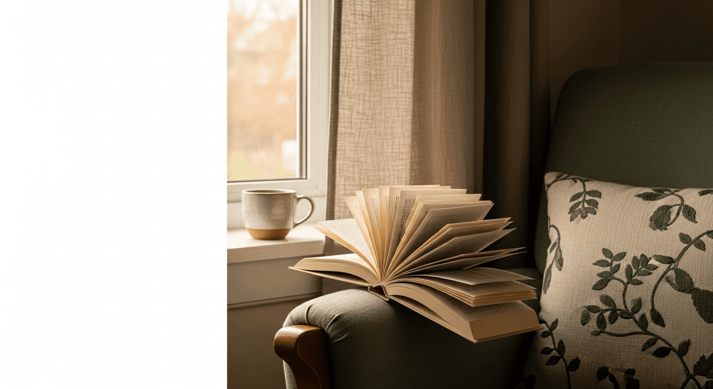 Cozy reading nook with armchair, tea, and open book in afternoon light
