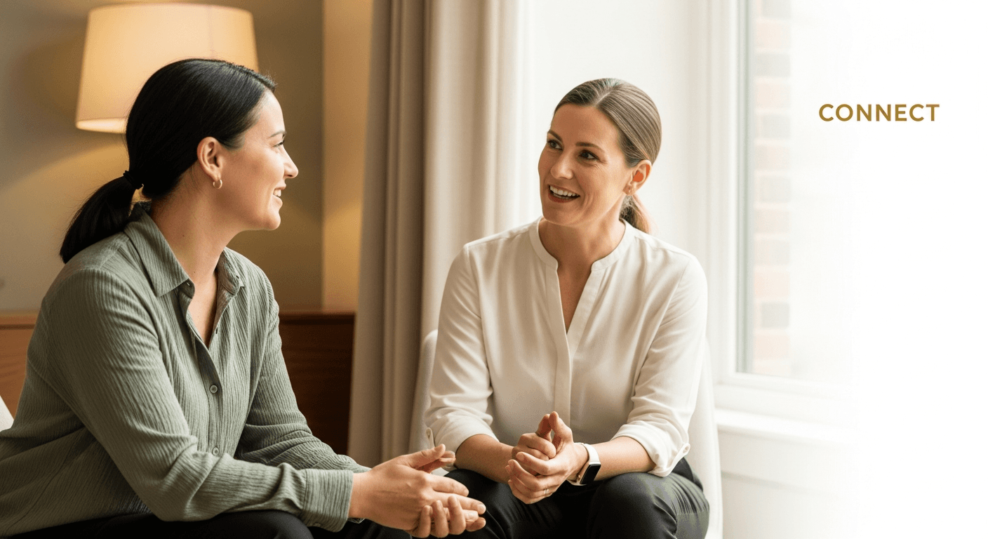 Two clinicians in warm, genuine conversation