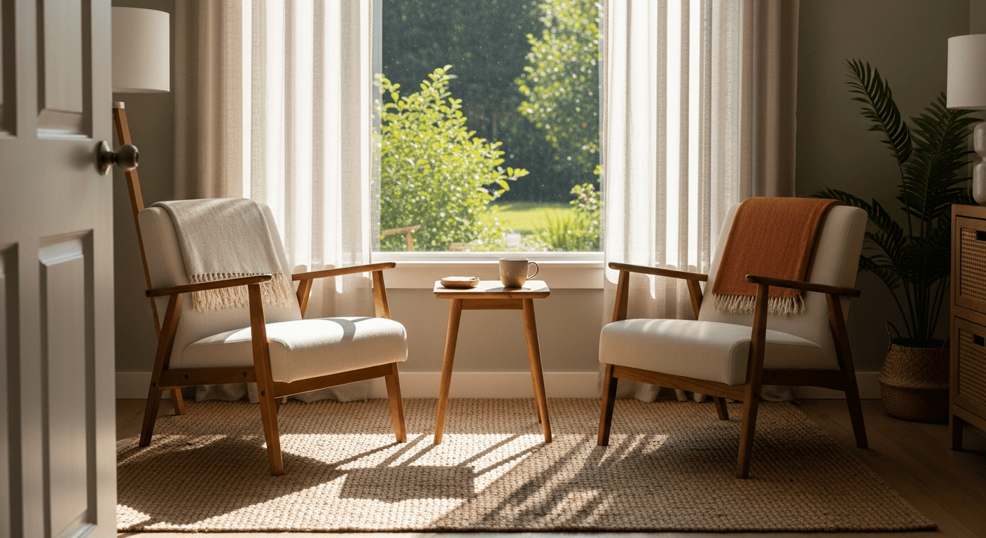Warm therapy office interior with morning light