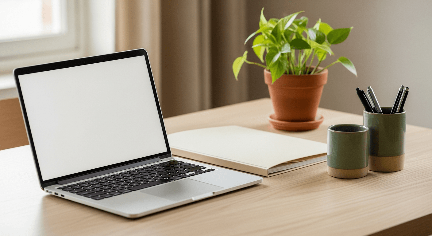 Organized desk with folder and succulent in natural daylight