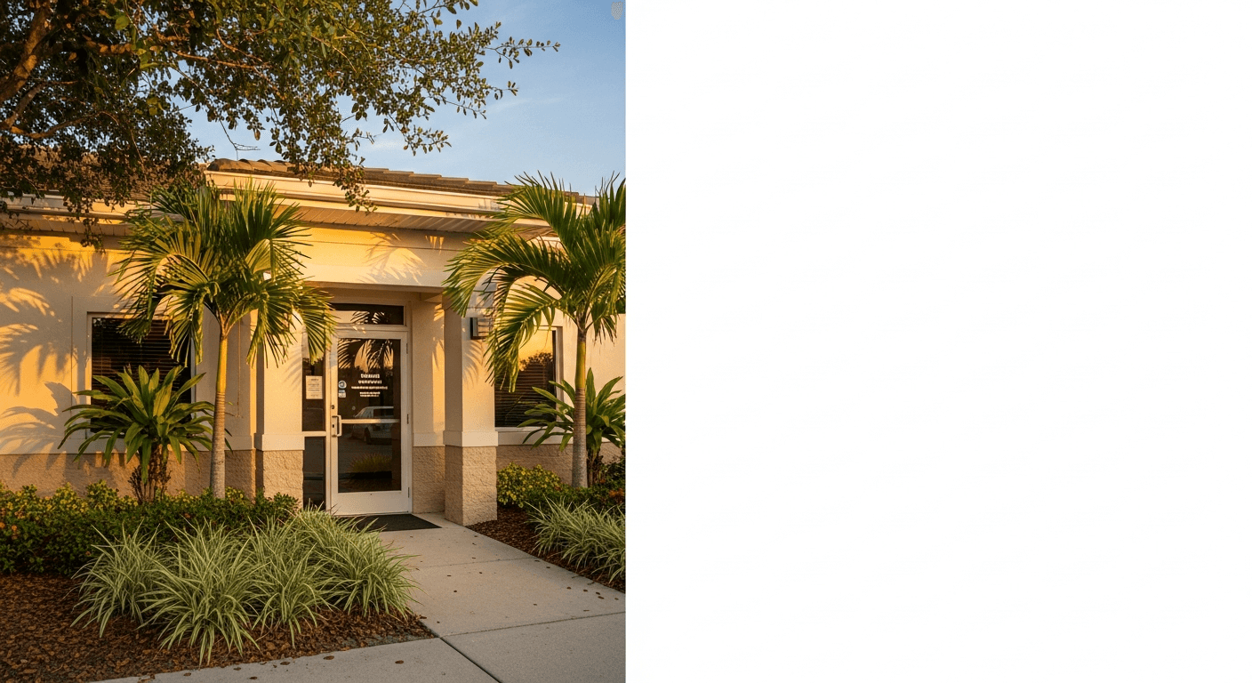 Welcoming professional office exterior with Florida palms in warm afternoon light