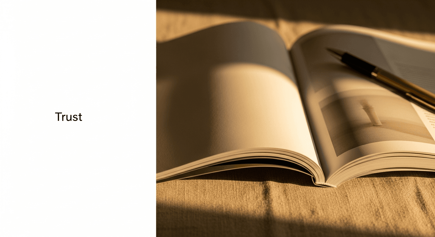 Open magazine on linen surface in warm editorial light