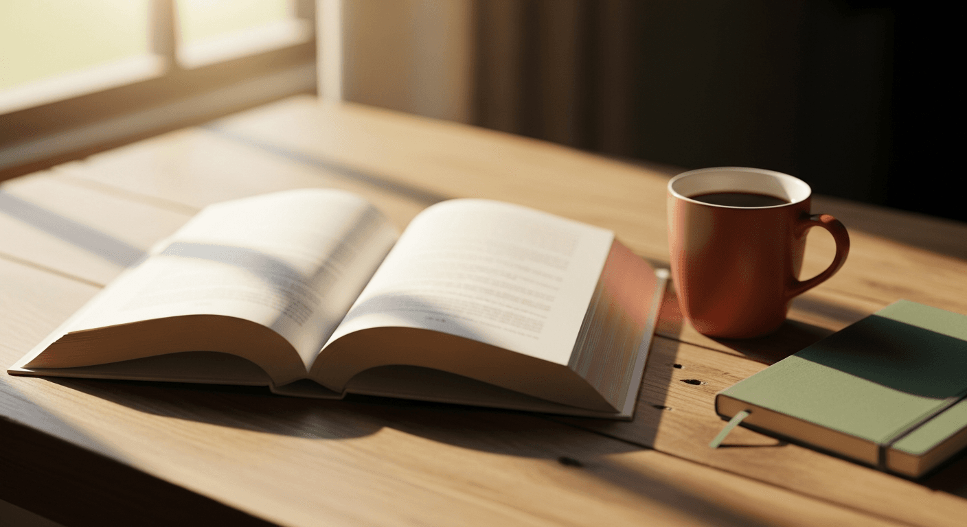 Personal bookshelf with plants and warm afternoon light