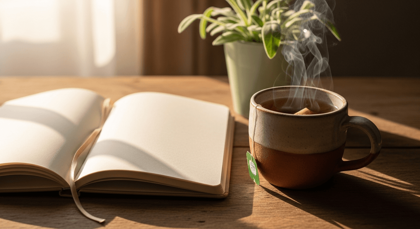 Wellness still life with journal, tea, and plants in soft afternoon light